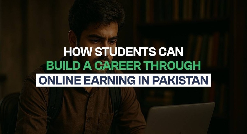 Pakistani students learning online and earning money through laptops, symbolizing career growth and digital opportunities.