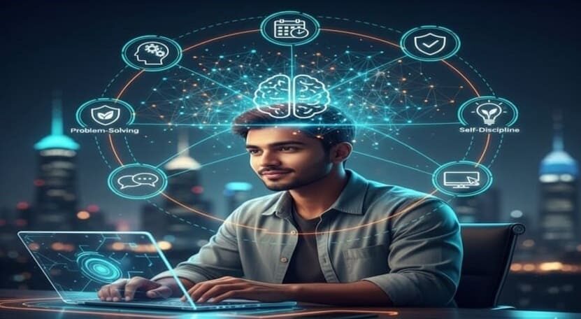 Students developing essential digital skills like freelancing, graphic design, and communication for successful online earning.