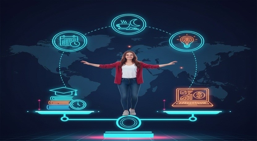 Students managing time between studying and online work, focusing on productivity and work-life balance.