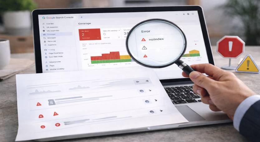 Illustration of coverage report with errors and indexing issues for SEO.